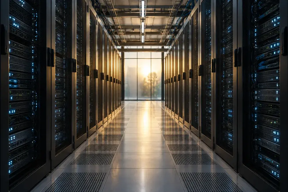 Illustrativer Servergang mit beleuchteten Racks
