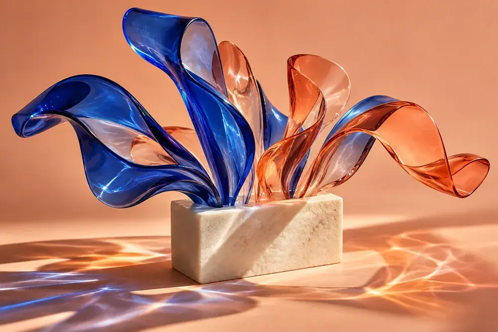 Blaue und korallfarbene Glasskulptur als Symbol kreativer Ideen
